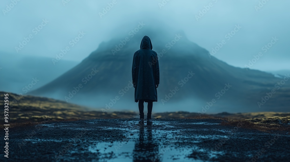 A lone person in a dark hooded coat standing on a wet, misty path facing a fog-covered mountain. A lone person in a dark hooded coat standing on a wet, misty path facing a fog-covered mountain.