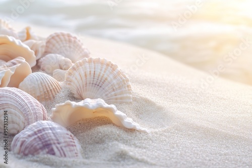 Scattered seashells on sunny beach sand