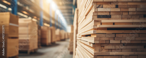 Stack of wooden planks standing in warehouse