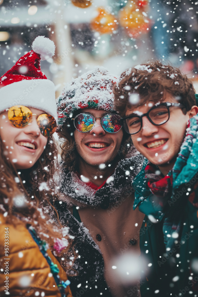 A lively group of young people enjoys the Christmas carnival, surrounded by confetti and snowflakes, showcasing joy and festive spirit in warm winter clothing. A lively group of young people enjoys the Christmas carnival, surrounded by confetti and snowflakes, showcasing joy and festive spirit in warm winter clothing.