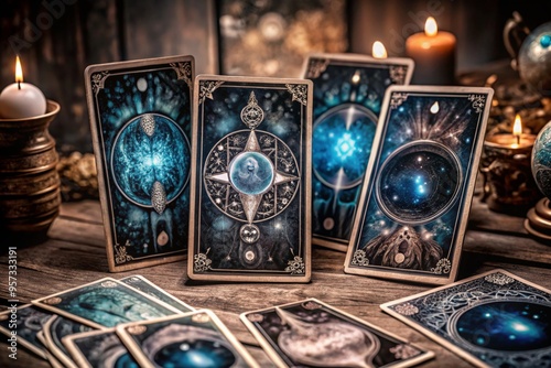 Mystical tarot cards in a blue vector style, perfect for a mystic party. 🌟🔮 