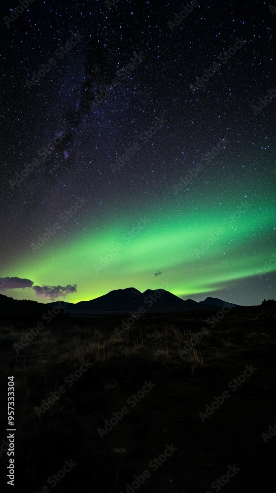 A stunning landscape highlights the aurora borealis dancing across the sky, with streaks of light contrasting with the starry background. Aurora borealis with dark silhouette of mountains. A stunning landscape highlights the aurora borealis dancing across the sky, with streaks of light contrasting with the starry background. Aurora borealis with dark silhouette of mountains.