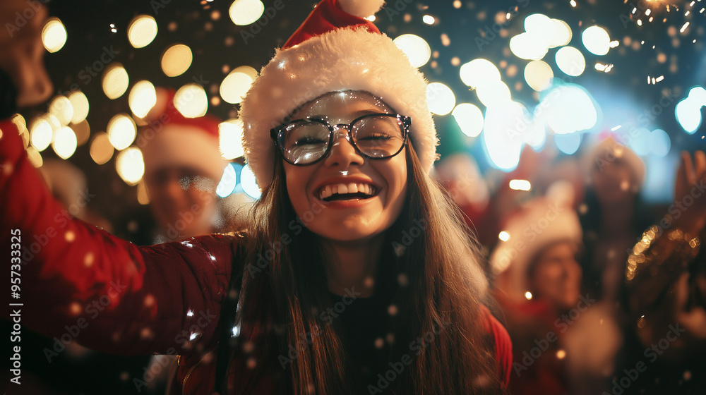 A lively group of young people enjoys the Christmas carnival, surrounded by confetti and snowflakes, showcasing joy and festive spirit in warm winter clothing. A lively group of young people enjoys the Christmas carnival, surrounded by confetti and snowflakes, showcasing joy and festive spirit in warm winter clothing.
