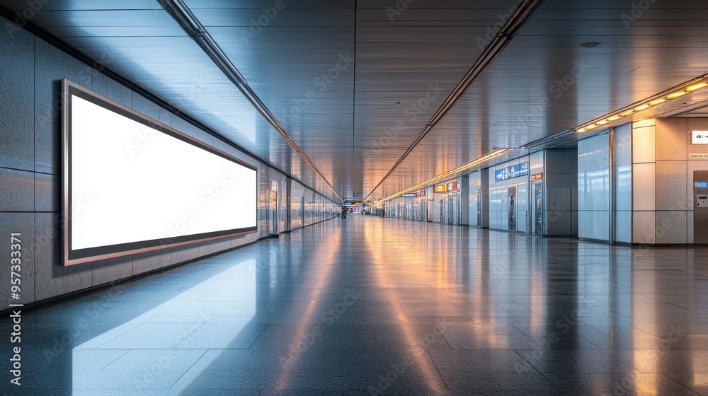 A blank billboard in an airport terminal for travel advertising mockup A blank billboard in an airport terminal for travel advertising mockup