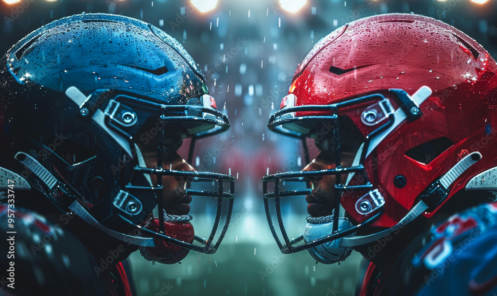 Fototapeta premium Two football players wearing helmets, one red and one blue. The red helmet is wet. The players are facing each other