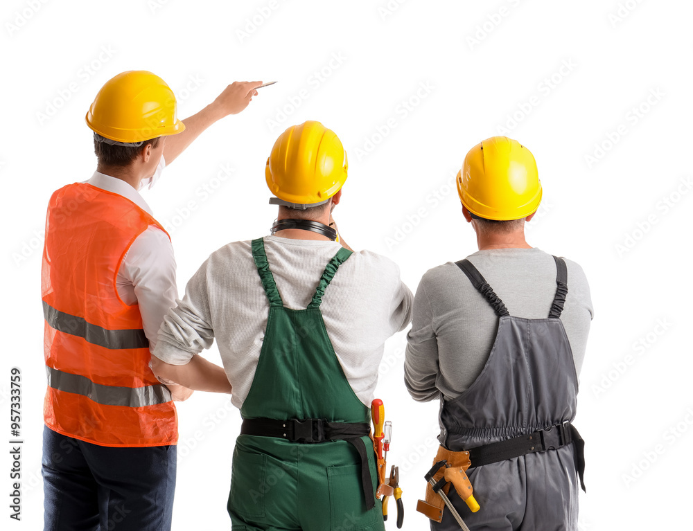Team of male builders on white background, back view Team of male builders on white background, back view