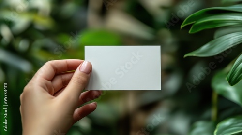 A blank business card held by a hand in a minimalistic setting