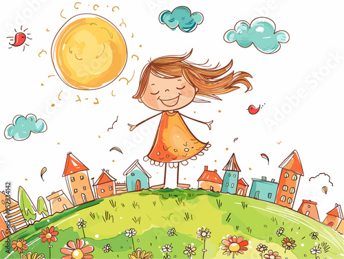 Innocent Joy: A Child's Playful Adventure in a Tranquil Field, Captured in a Minimalist Doodle with Bold Lines