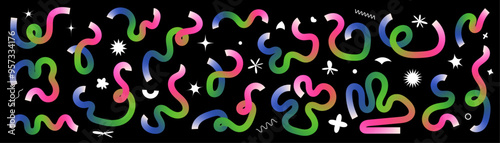 Set of abstract liquid doodle elements in neon colors. Minimalist curved gradient ribbons for creating modern designs.