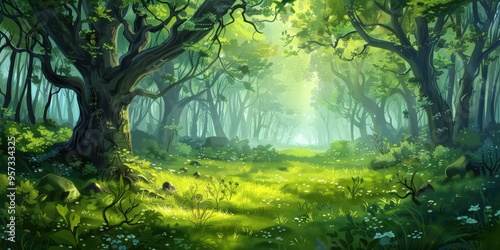 Fantasy Forest Background. Green Nature Landscape Painting with Travel Idea
