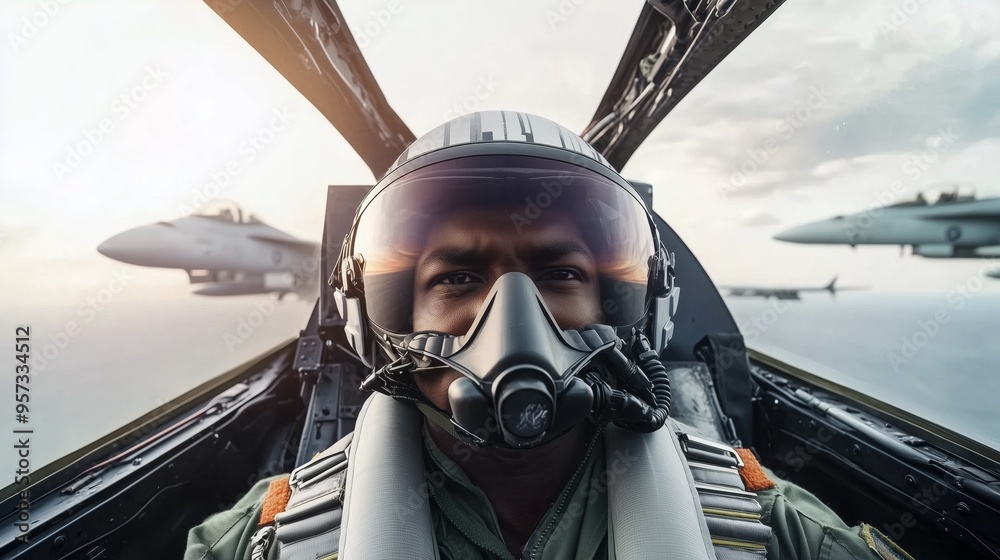 Fototapeta premium Close-up of a jet fighter pilot in the cockpit with other aircraft flying in formation in the background.