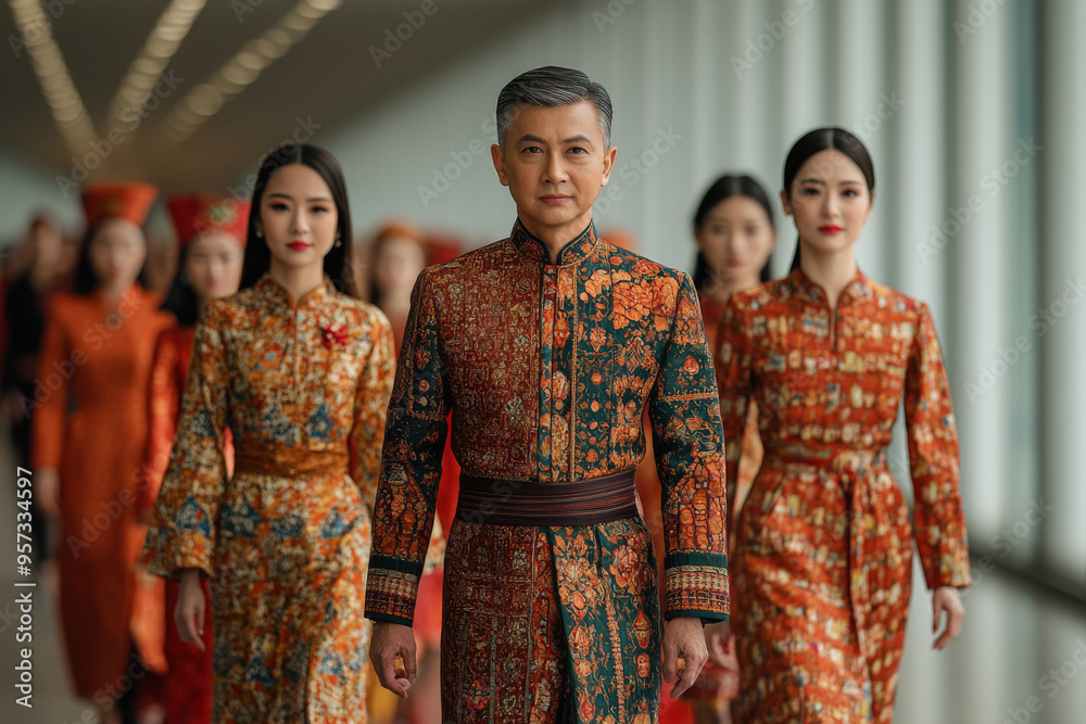 A group of people wearing colorful clothing are walking down a hallway