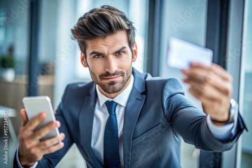 Close-up portrait of a young stubbled businessman in the office, holding a business card and a mobile phone, frustratedly spreading his hands to the camera photo