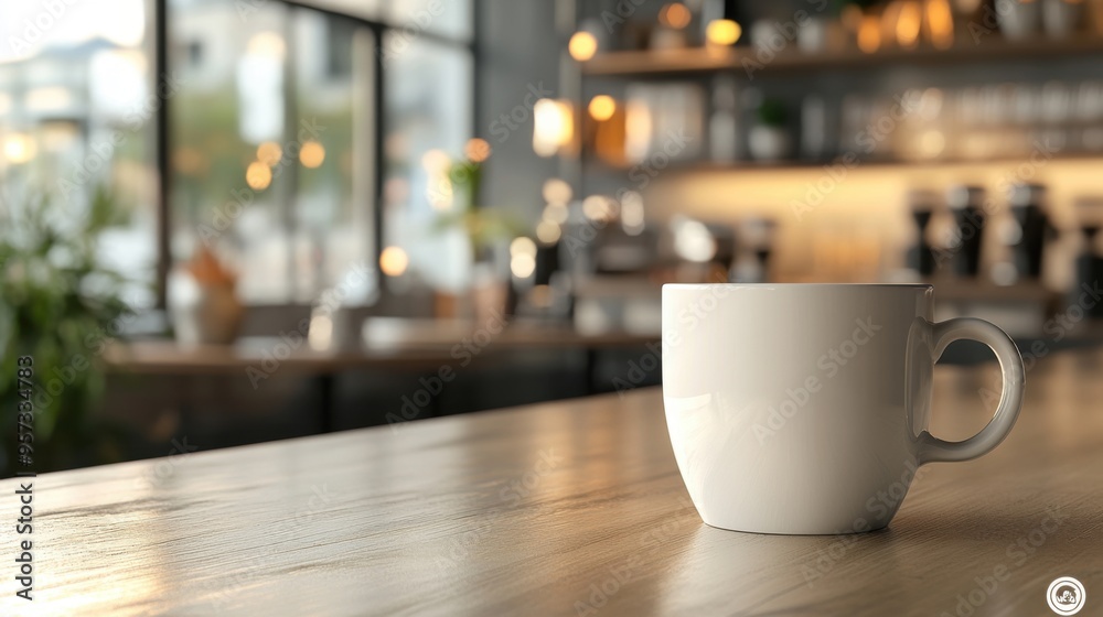 Fototapeta premium A blank coffee cup on a counter with a modern cafa background
