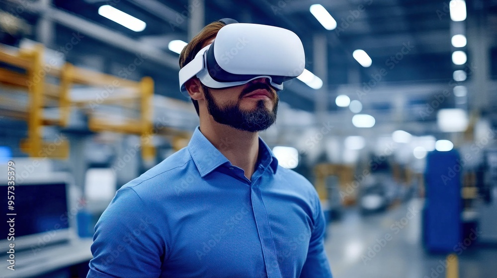 Businessman Using Virtual Reality Headset in Industrial Environment Businessman Using Virtual Reality Headset in Industrial Environment