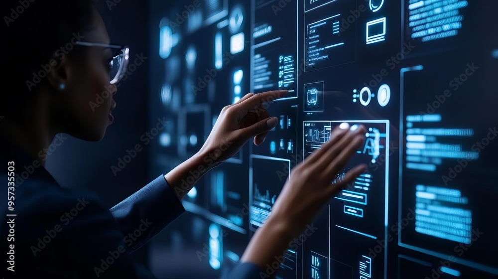 Fototapeta premium Interactive customer service, digital holographic interface, dynamic tech environment