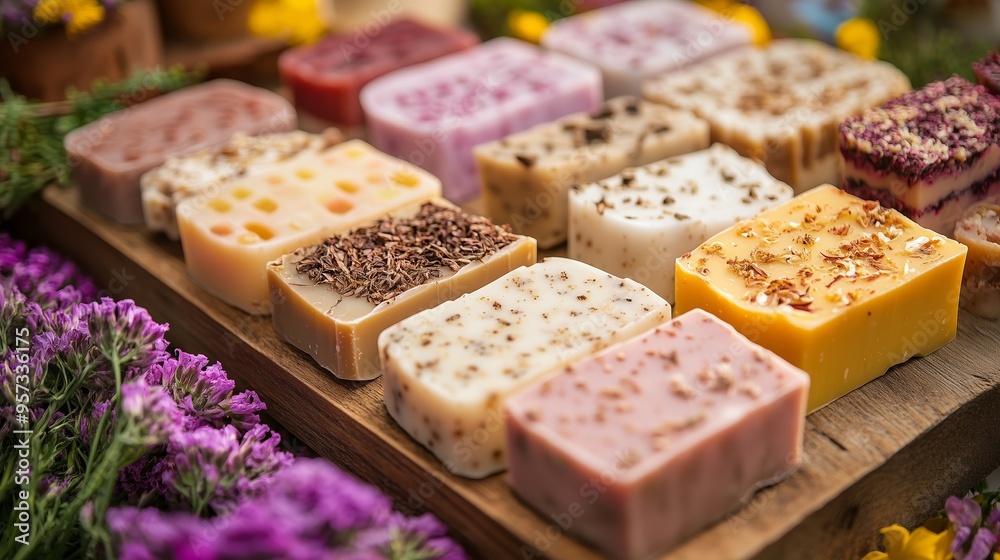 An assortment of handcrafted artisan soaps displayed on a wooden board surrounded by vibrant flowers at a farmers market An assortment of handcrafted artisan soaps displayed on a wooden board surrounded by vibrant flowers at a farmers market