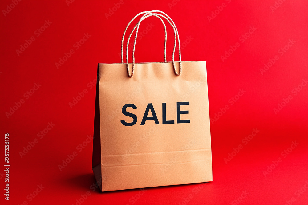 Beige paper bag on red background with sale text. Design template for in-store advertising, black friday, discount flyers with space for text. Beige paper bag on red background with sale text. Design template for in-store advertising, black friday, discount flyers with space for text.