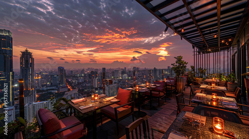 Rooftop restaurant with skyline view, sunset cocktails, and summer night city atmosphere. , full ultra HD, high resolution --ar 169 --no noise - Image #3 @whynotusama photo