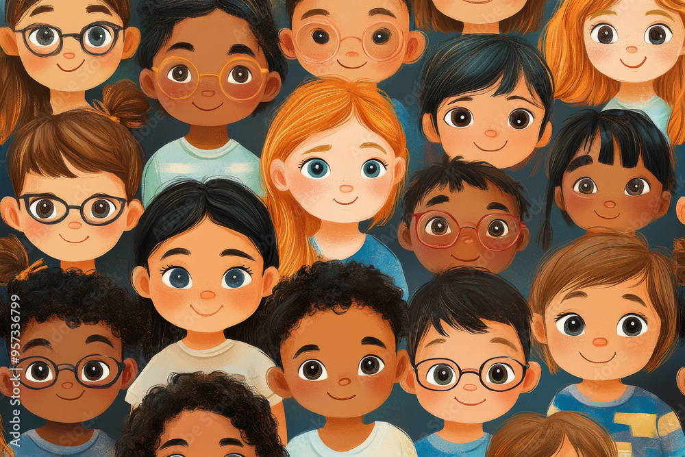 A group of children are smiling and wearing glasses A group of children are smiling and wearing glasses