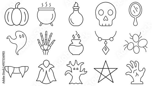 Halloween symbols include a skull, a pumpkin, a witch, a skeleton