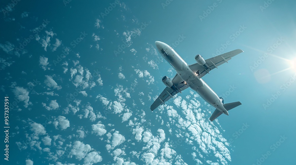 Obraz premium Airplane Flying Above Clouds Blue Sky Airplane View Travel Adventure Journey