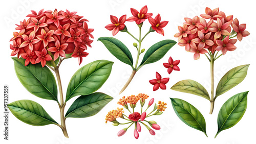 Bright flower clipart: red flowers and ixora inflorescences. Ideal for vibrant designs, botanical illustrations and bold creative projects.