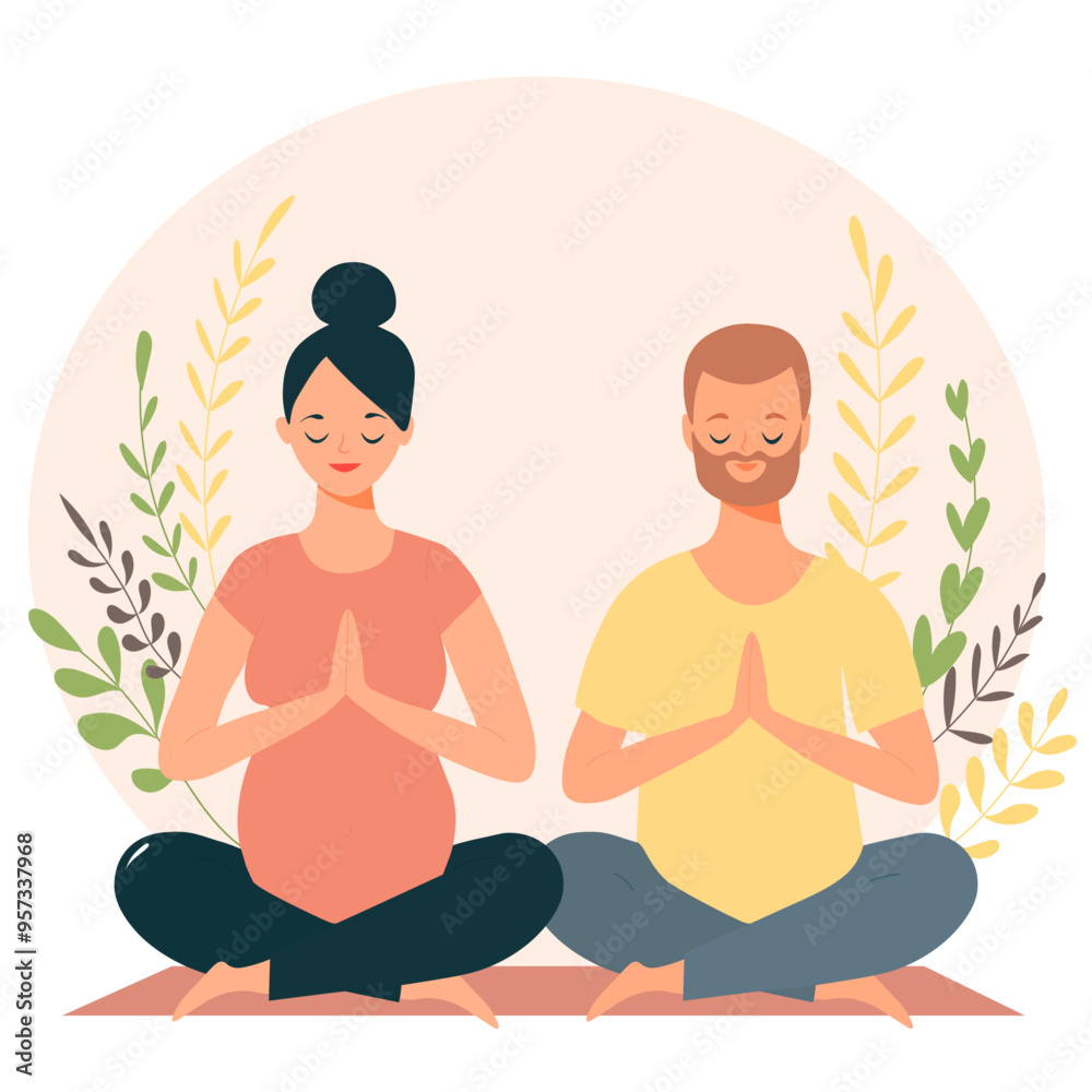 yoga benefits for health of body, mind and emotions, pregnant woman with her partner in yoga pose meditate. preparing parents for childbirth. vector flat illustration yoga benefits for health of body, mind and emotions, pregnant woman with her partner in yoga pose meditate. preparing parents for childbirth. vector flat illustration