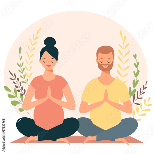 yoga benefits for health of body, mind and emotions, pregnant woman with her partner in yoga pose meditate. preparing parents for childbirth. vector flat illustration
