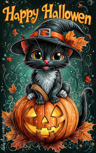 halloween background with pumpkin and cat