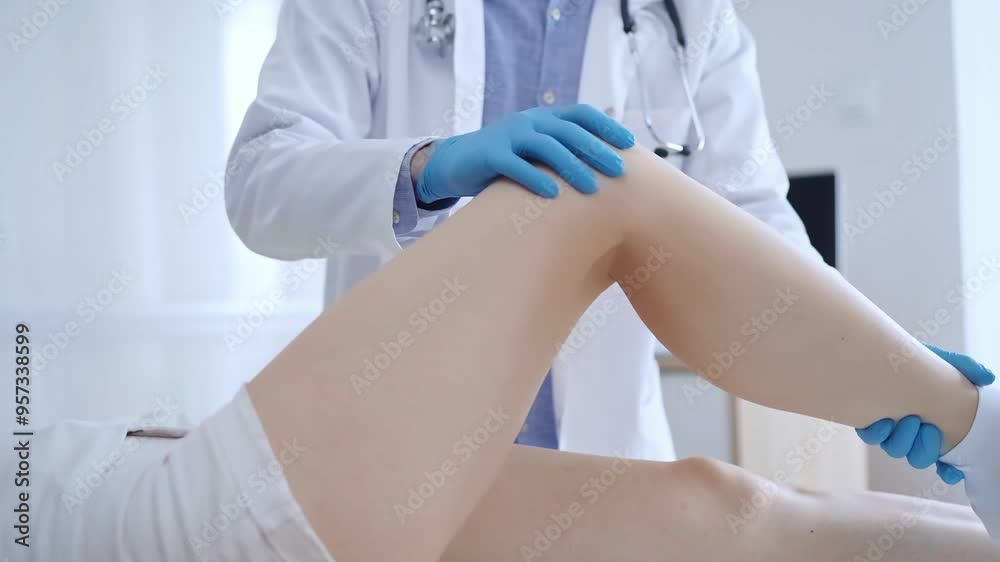 Doctor man wearing blue medic gloves is examines a patient's knee during a medical consultation in a clinic. Medicine and orthopedics Doctor man wearing blue medic gloves is examines a patient's knee during a medical consultation in a clinic. Medicine and orthopedics