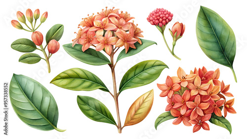 Flower clipart set: red flowers and ixora inflorescences. Ideal for greetings, cards, packaging, spring designs, botanical illustrations and creative projects.