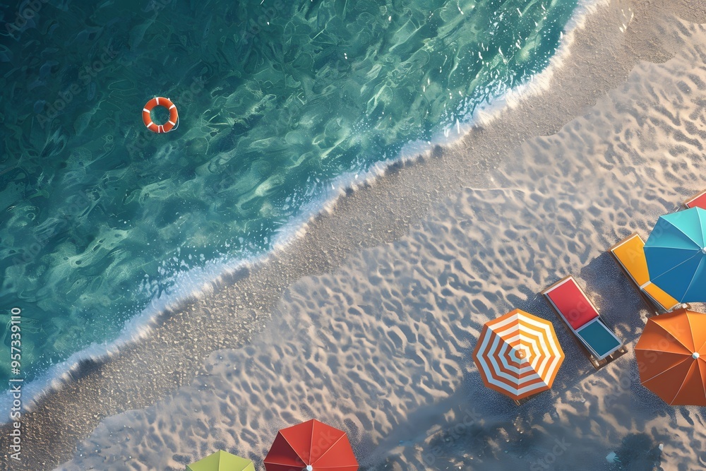 Obraz premium A 3D render of a beach scene from above, showing colorful umbrellas, sunbeds, and a swimming ring on the sandy shore with sunset lighting