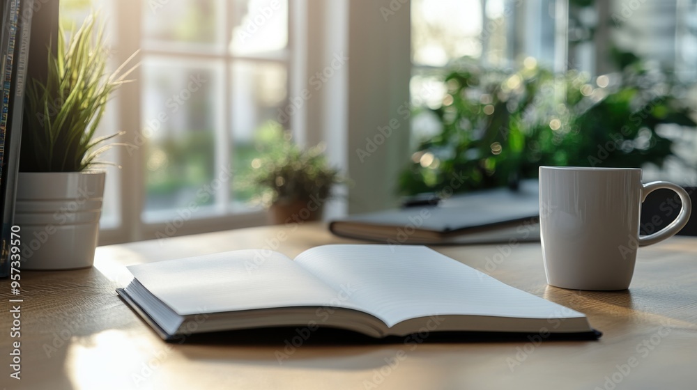 A clean workspace with a blank notebook open for note-taking app mockup A clean workspace with a blank notebook open for note-taking app mockup