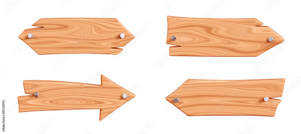 Wooden arrow plaque with cracks and nails for text box. Cartoon 3d render illustration of signboard with brown wood texture. Vintage rustic timber plank, nameplate or board frame with fracture.