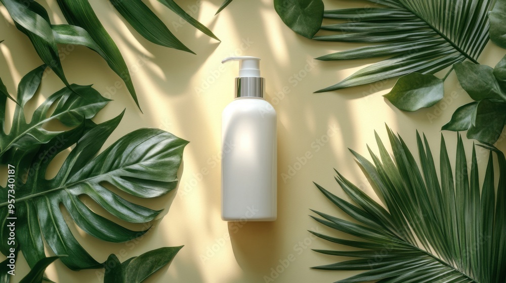 A flat lay of a cosmetic bottle with space for label mockup A flat lay of a cosmetic bottle with space for label mockup