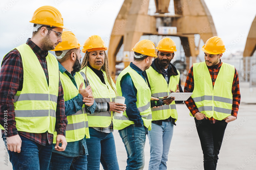 Maritime industry workers, Engineer team working at dock warehouse for transport services. Multiracial people at logistic construction Maritime industry workers, Engineer team working at dock warehouse for transport services. Multiracial people at logistic construction