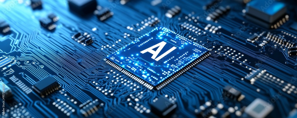 AI circuit board: futuristic blue electronic technology with AI letters AI circuit board: futuristic blue electronic technology with AI letters