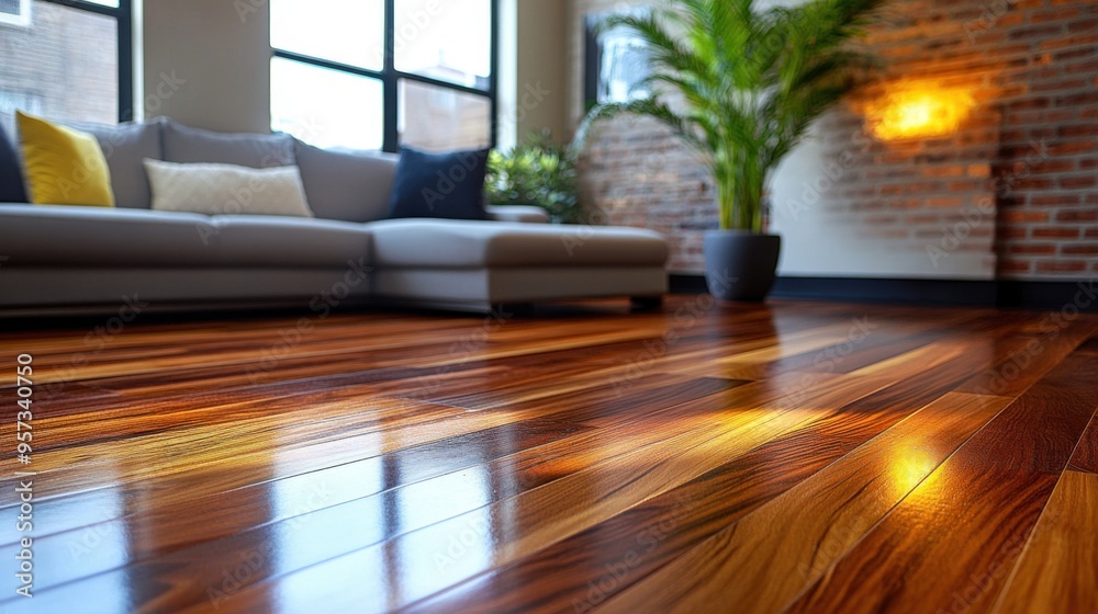 Fototapeta premium A hardwood floor with rich mahogany tones creating a warm and inviting atmosphere in a home