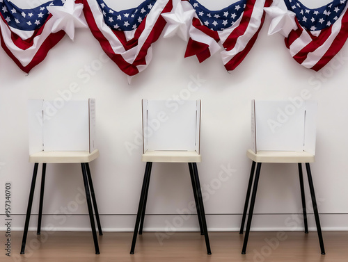 Private voting booths against wall in polling place ready for American election, copy space