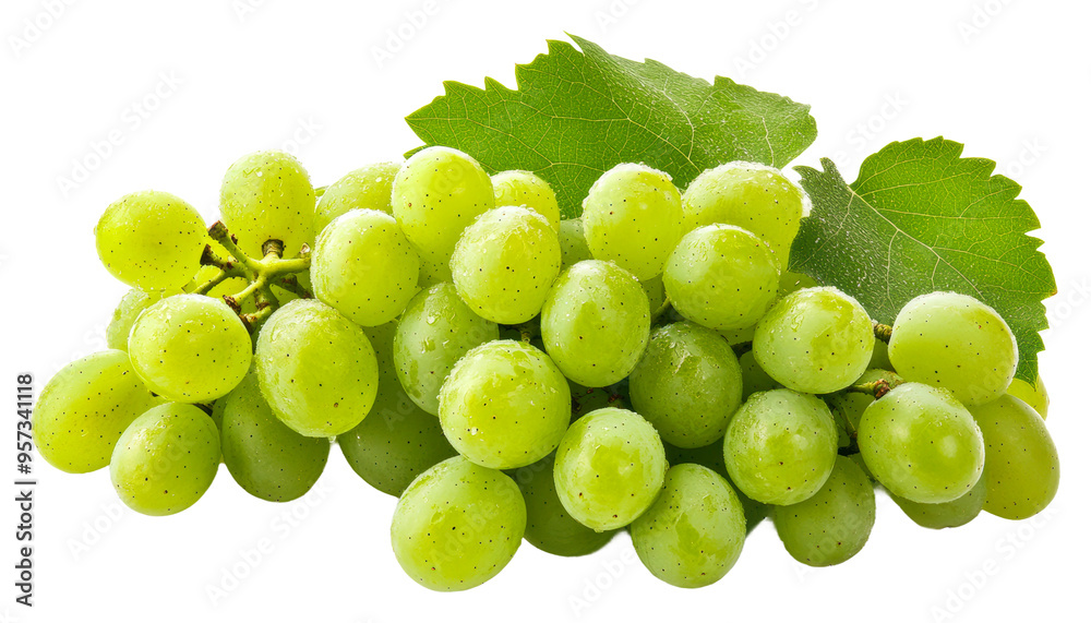 Vivid green grapes on a vine with bright leaves in daylight isolated on transparent background Vivid green grapes on a vine with bright leaves in daylight isolated on transparent background