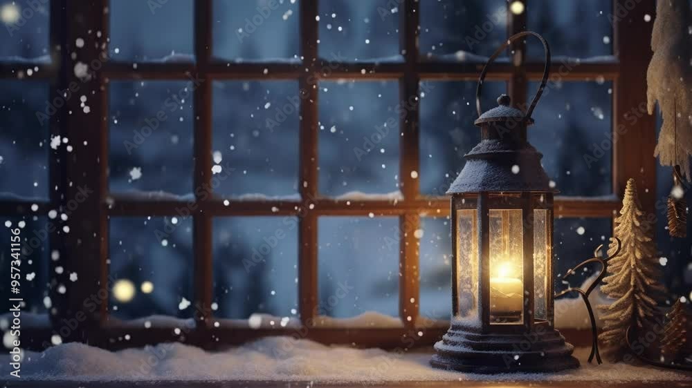 Old lantern glows warmly on a snowy windowsill, illuminating falling snow outside, creating a cozy, festive christmas atmosphere