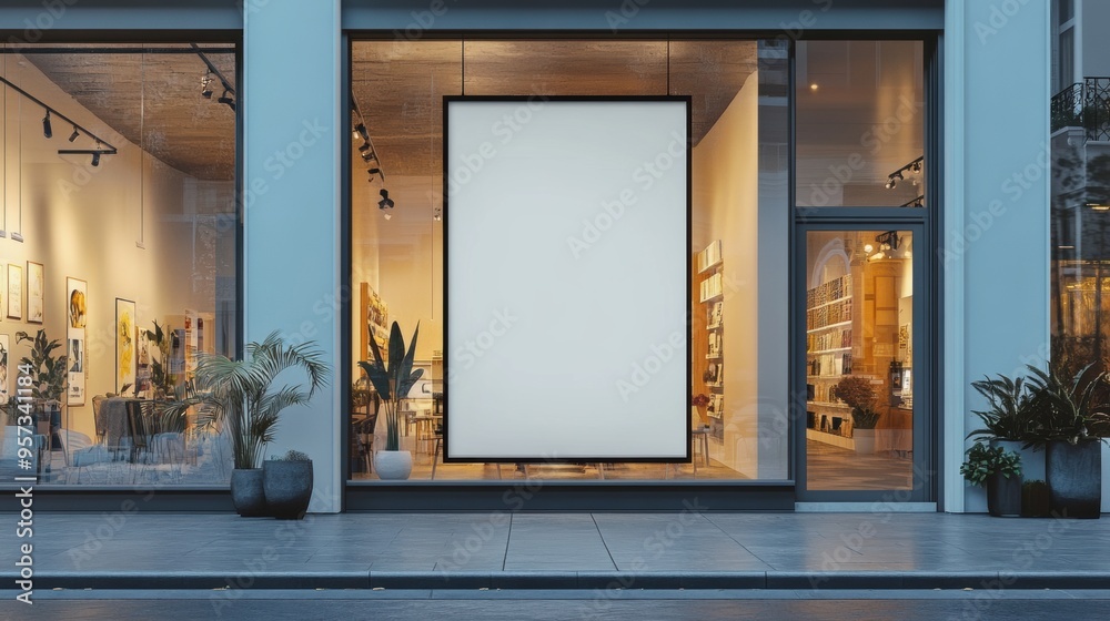 A storefront window with a blank poster for retail advertising mockup A storefront window with a blank poster for retail advertising mockup