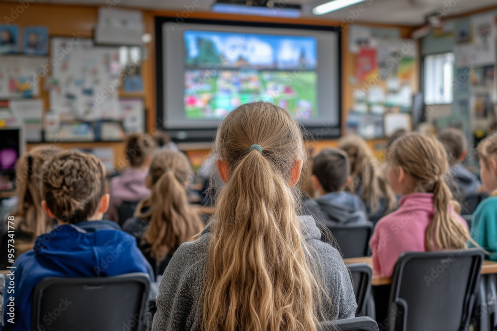 A girl with long hair sits in a classroom with other students A girl with long hair sits in a classroom with other students