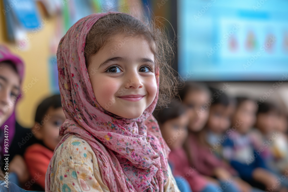 A young girl wearing a pink scarf is smiling at the camera A young girl wearing a pink scarf is smiling at the camera