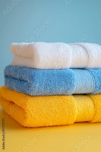 Folded white blue yellow towels stacked - clean linens