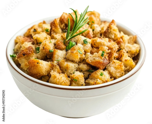 Homemade savory bread cubes garnished with fresh herbs in a bowl isolated on transparent background