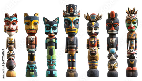 Colorful totem poles display traditional craftsmanship and culture isolated on transparent background