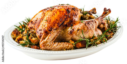 Roasted turkey with stuffing and herbs served for a festive gathering isolated on transparent background