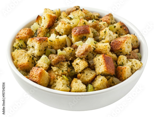 Homemade stuffing with herbs and vegetables in a white bowl isolated on transparent background